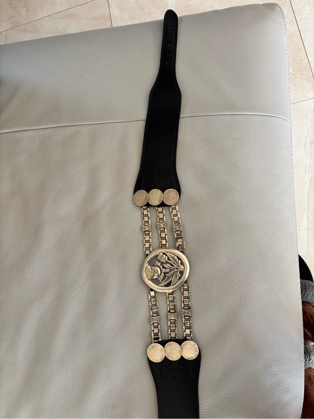 Black Arandu leather  Waist Belt with Ornate Silver Medallion Accent